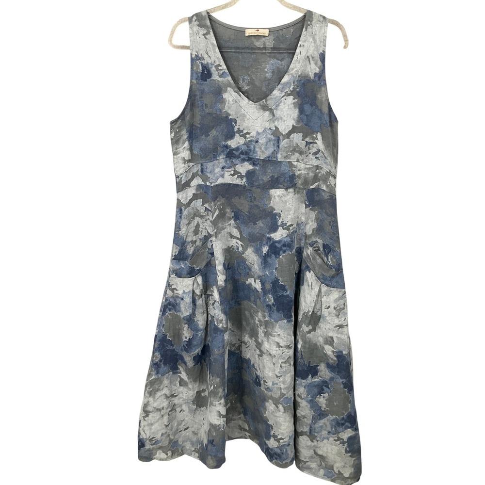 Lands Downunder Dress M Blue Linen Abstract Lagenlook Coastal Artsy Pocket Italy